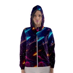 Night Sky Neon Spaceship Drawing Women s Hooded Windbreaker by Ravend