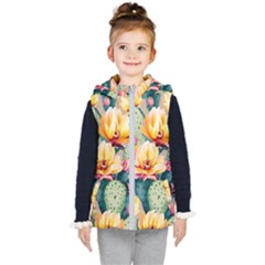 Prickly Pear Cactus Flower Plant Kids  Hooded Puffer Vest by Ravend