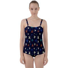 Blue Background Cute Airplanes Twist Front Tankini Set by ConteMonfrey