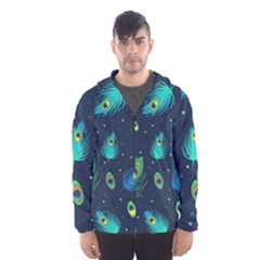 Blue Background Pattern Feather Peacock Men s Hooded Windbreaker by uniart180623