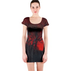 Dark Forest Jungle Plant Black Red Tree Short Sleeve Bodycon Dress by uniart180623