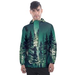 Magic Pine Forest Night Landscape Men s Front Pocket Pullover Windbreaker by Simbadda