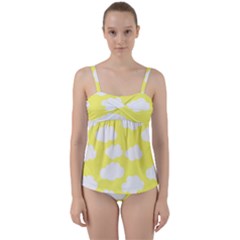 Cute Yellow White Clouds Twist Front Tankini Set by ConteMonfrey