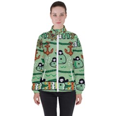 Seamless Pattern Fishes Pirates Cartoon Women s High Neck Windbreaker