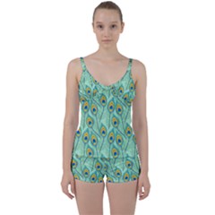 Lovely Peacock Feather Pattern With Flat Design Tie Front Two Piece Tankini by Simbadda