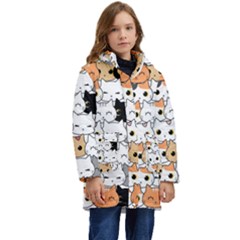 Cute-cat-kitten-cartoon-doodle-seamless-pattern Kids  Hooded Longline Puffer Jacket by Simbadda