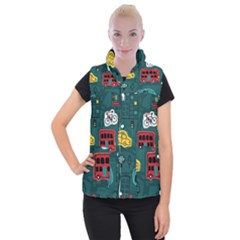 Seamless-pattern-hand-drawn-with-vehicles-buildings-road Women s Button Up Vest by Simbadda