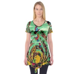 Monkey Tiger Bird Parrot Forest Jungle Style Short Sleeve Tunic  by Grandong