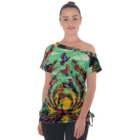 Monkey Tiger Bird Parrot Forest Jungle Style Off Shoulder Tie-up Tee by Grandong