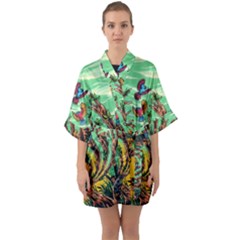 Monkey Tiger Bird Parrot Forest Jungle Style Half Sleeve Satin Kimono  by Grandong