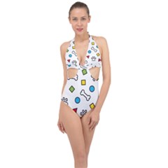 Dog Paw Seamless Pattern Footprint Bone Halter Front Plunge Swimsuit by Bangk1t