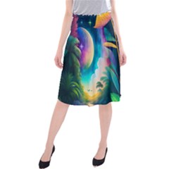 Jungle Moon Light Plants Space Midi Beach Skirt by Ravend