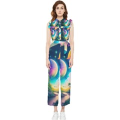 Jungle Moon Light Plants Space Women s Frill Top Chiffon Jumpsuit by Ravend