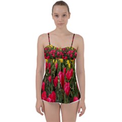 Yellow Pink Red Flowers Babydoll Tankini Top by artworkshop