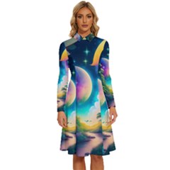 Jungle Moon Light Plants Space Long Sleeve Shirt Collar A-line Dress by uniart180623