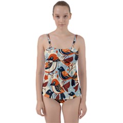 Vintage Birds Pattern Twist Front Tankini Set by Valentinaart