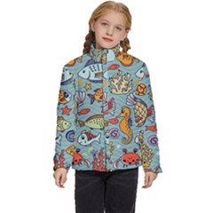 Cartoon Underwater Seamless Pattern With Crab Fish Seahorse Coral Marine Elements Kids  Puffer Bubble Jacket Coat by uniart180623