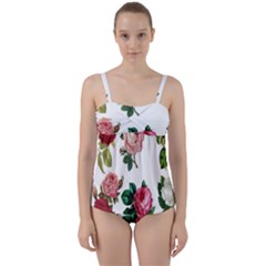 Roses-white Twist Front Tankini Set by nateshop