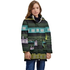 Narrow-boats-scene-pattern Kids  Hooded Longline Puffer Jacket by Cowasu