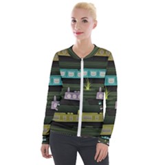 Narrow-boats-scene-pattern Velvet Zip Up Jacket by Cowasu