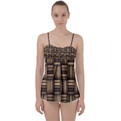 Brown Weaving Texture, Macro, Brown Wickerwork Babydoll Tankini Top by nateshop