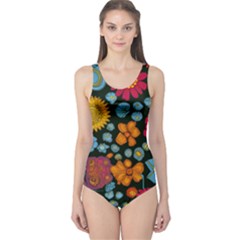 Mid Century Retro Floral 1970s 1960s Pattern 77 One Piece Swimsuit