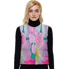 Pink Neon Flowers, Flower Women s Button Up Puffer Vest by nateshop