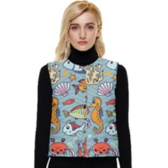 Cartoon Underwater Seamless Pattern With Crab Fish Seahorse Coral Marine Elements Women s Button Up Puffer Vest by uniart180623