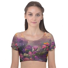 Floral Blossoms  Velvet Short Sleeve Crop Top  by Internationalstore