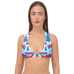 Red And Green Christmas Tree Winter Pattern Pixel Elk Buckle Holidays Double Strap Halter Bikini Top by Sarkoni