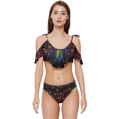 Beautiful Peacock Feather Ruffle Edge Tie Up Bikini Set	 by Ket1n9