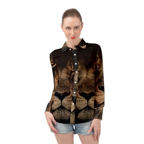 African-lion-mane-close-eyes Long Sleeve Chiffon Shirt by Ket1n9