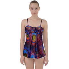 Pretty Peacock Feather Babydoll Tankini Top by Ket1n9