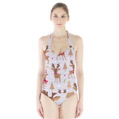 Christmas-seamless-pattern-with-reindeer Halter Swimsuit by Grandong