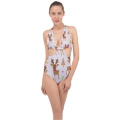 Christmas-seamless-pattern-with-reindeer Halter Front Plunge Swimsuit by Grandong