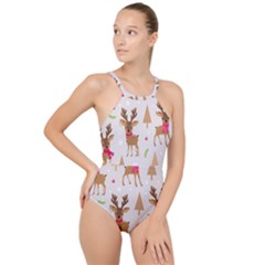 Christmas-seamless-pattern-with-reindeer High Neck One Piece Swimsuit by Grandong