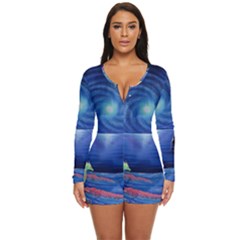 Psychedelic Mushrooms Psicodelia Dream Blue Long Sleeve Boyleg Swimsuit by Modalart