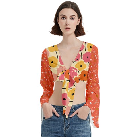 Floral Pattern Shawl Trumpet Sleeve Cropped Top by flowerland