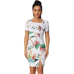 Floral Backdrop Pattern Flower Fitted Knot Split End Bodycon Dress by Ravend