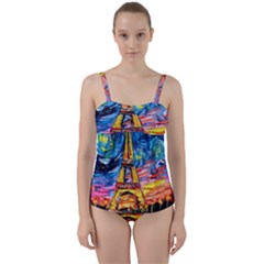 Eiffel Tower Starry Night Print Van Gogh Twist Front Tankini Set by Modalart