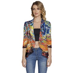 Tardis Starry Night Doctor Who Van Gogh Parody Women s 3/4 Sleeve Ruffle Edge Open Front Jacket by Modalart