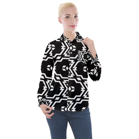 Black And White Pattern Background Structure Women s Long Sleeve Pocket Shirt by Pakjumat