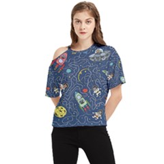 Cat Cosmos Cosmonaut Rocket One Shoulder Cut Out T-shirt by Grandong