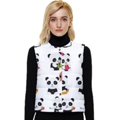 Playing Pandas Cartoons Women s Button Up Puffer Vest