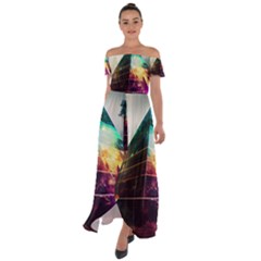Tropical Forest Jungle Ar Colorful Midjourney Spectrum Trippy Psychedelic Nature Trees Pyramid Off Shoulder Open Front Chiffon Dress by Sarkoni