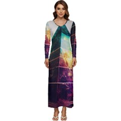 Tropical Forest Jungle Ar Colorful Midjourney Spectrum Trippy Psychedelic Nature Trees Pyramid Long Sleeve Longline Maxi Dress by Sarkoni