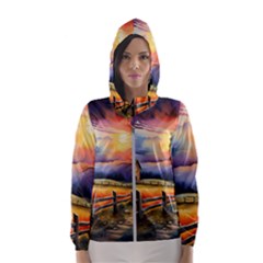 Rural Farm Fence Pathway Sunset Women s Hooded Windbreaker by Bedest