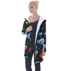 Seamless Pattern With Space Objects Ufo Rockets Aliens Hand Drawn Elements Space Longline Hooded Cardigan by Hannah976