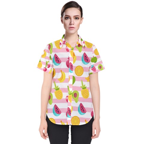 Tropical Fruits Berries Seamless Pattern Women s Short Sleeve Shirt by Ravend