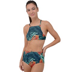 Green Tropical Leaves Halter Tankini Set by Jack14